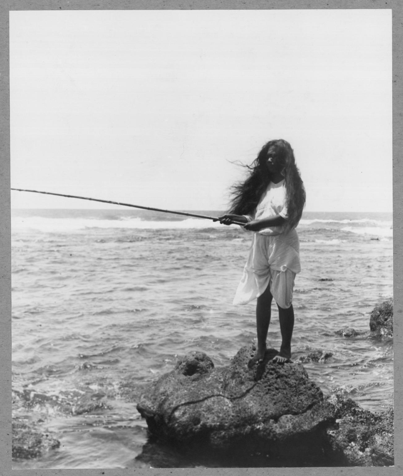 Vintage Hawaiian Woman Fishing